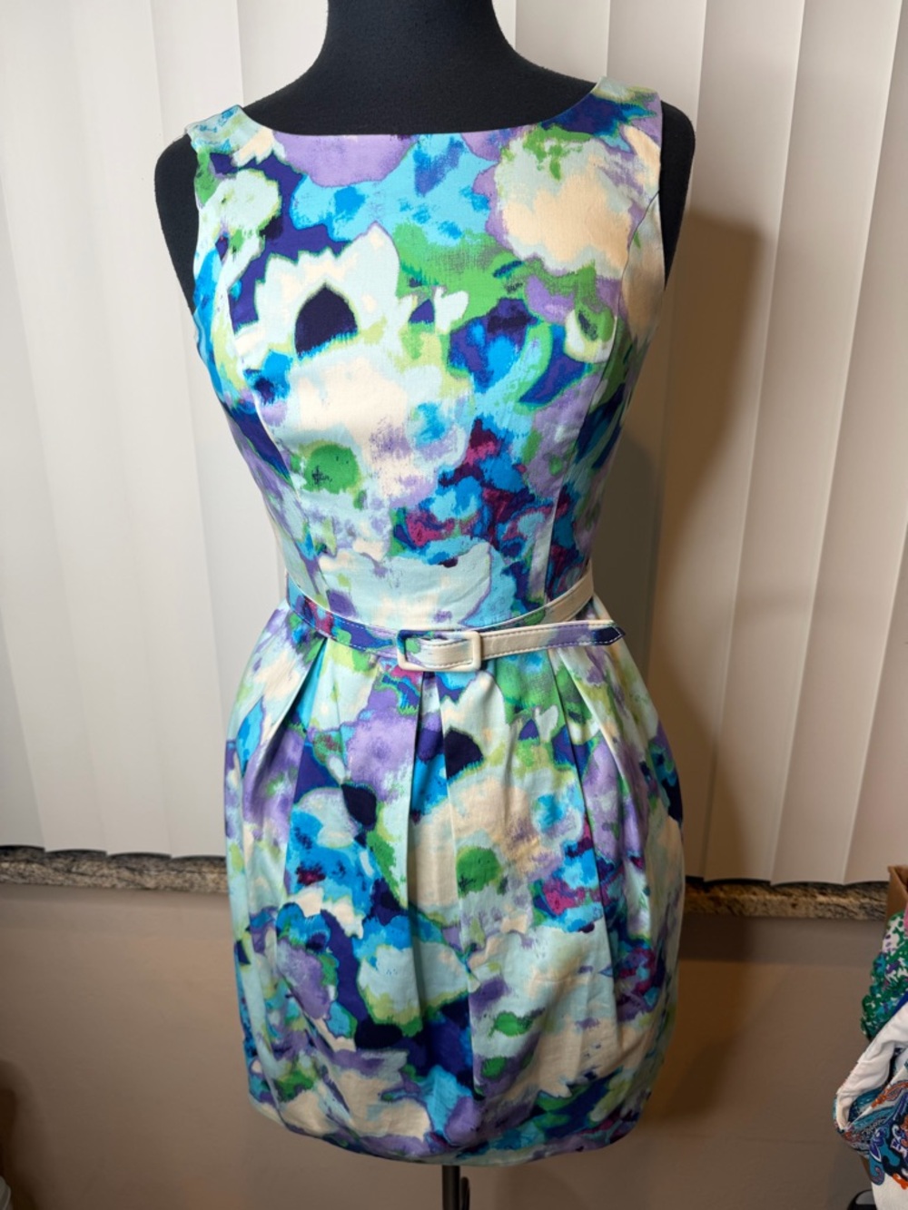 Eliza J Floral Watercolor Fit-and-Flare Dress in Blue & Green Wedding Guest SZ 2
